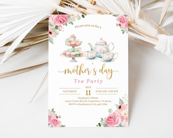 Mother's Day Tea Party Invite, Pink Floral Gold (Editable Digital Template)