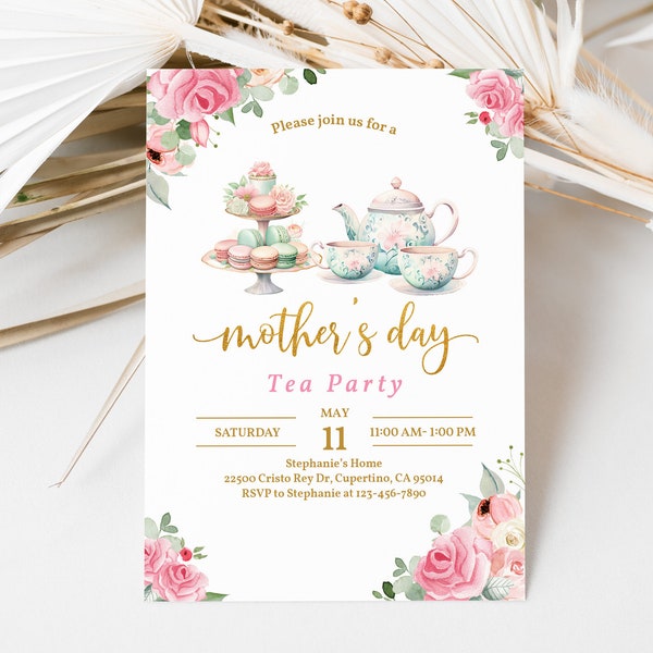 Mothers Day Tea Party Invitation Mother's Day Brunch Invite Mommy and Me Pink floral gold High tea Digital Editable Printable Spring MoI4