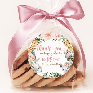Pegatinas de recuerdo de cumpleaños de safari, fiesta en la jungla, etiquetas de 2 y 3 pulgadas, animales del zoológico, rosa salvaje, floral, verde, niña, agradecimiento, editable, imprimible, descarga Bir12