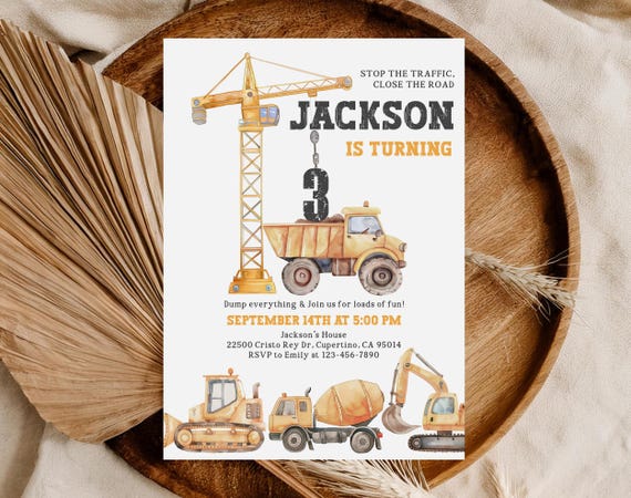Construction Birthday Invite: Dump Truck & Crane Theme (Editable File Bir555)