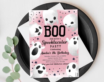 Ghost Birthday Invitation: Cute Pink and Black Halloween Party