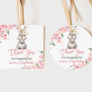 Hase Geburtstag Danke Tags Kaninchen Etikett Frühlingsparty Ostermädchen Rosa Blumen Favor Geschenkanhänger Digital Bearbeitbare Druckbare Download Eabir1