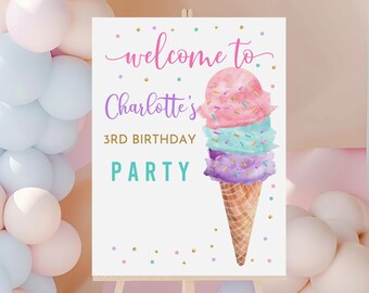 May include: Welcome to Charlotte's 3rd Birthday Party sign with a pink, blue, and purple ice cream cone with sprinkles. The sign is white with gold glitter and pink, blue, and green confetti.