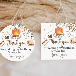 Bearbeitbar S'mores Geburtstag Danke Etikett Favor Tags S'more Fun S'more Party Lagerfeuer Lagerfeuer Herbst Boho Rustikaler Aufkleber Printable Bir18