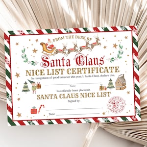 Certificado de lista de buenos deseos de Navidad Relleno de caja de Nochebuena Medias de Navidad de Papá Noel para niños y niñas Elfo Editable Imprimible Descargar Chc3