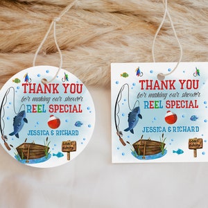 Angeln Babyparty runder quadratischer Aufkleber Tag danke Etikett Favor Tag bearbeitbar Angeln Party Decor Reel speziell druckbarer Geschenkanhänger Bab110