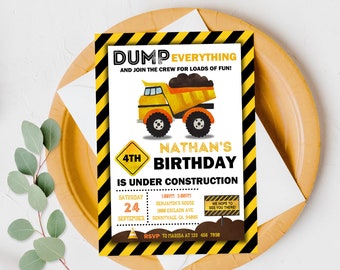 May include: A yellow and black construction themed birthday invitation for a 4th birthday party. The invitation features a cartoon dump truck and the text "DUMP EVERYTHING AND JOIN THE CREW FOR LOADS OF FUN!"  "NATHAN'S 4TH BIRTHDAY IS UNDER CONSTRUCTION"  "SATURDAY 24 SEPTEMBER 1:00PM 3:00PM BENJAMIN'S HOUSE 1888 ESCLAON AVE SUNNYVALE, CA, 94885 WE HOPE TO SEE YOU THERE! RSVP TO MARISA AT 123 456 7890"