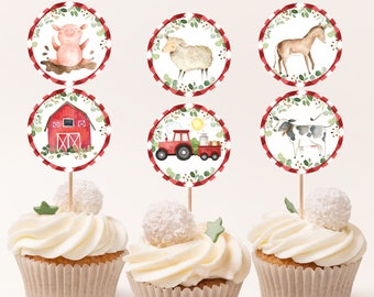 Farm Cupcake Toppers: Red Plaid, Greenery, Barnyard Animals Bir300