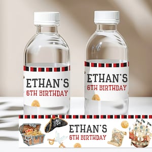 Étiquette de bouteille d'eau d'anniversaire de pirate Emballage de bouteille d'eau de pirate Boîte au trésor de faveur d'anniversaire Bateau de pirate Imprimable et modifiable à télécharger Bir61