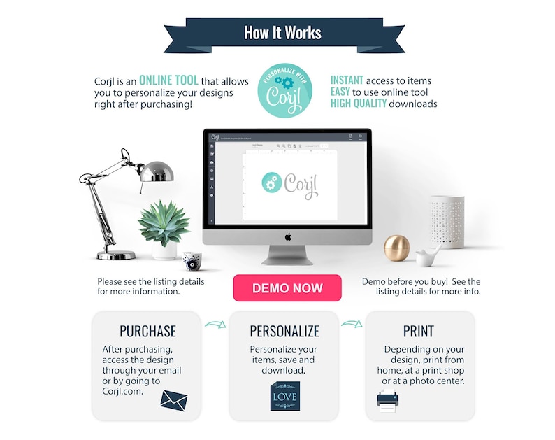 May include: A guide on how to personalise your designs using Corjl, an online tool. The image shows a computer screen with the Corjl logo, a lamp, a succulent plant, and a white bird figurine. The steps are: purchase, personalise, and print. The image includes the text "DEMO NOW".