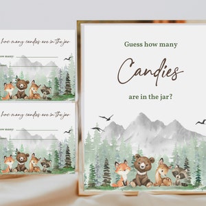 Indovina quante caramelle segno Lascia che l'avventura abbia inizio Baby Shower Animali del bosco Montagna Gioco di indovinelli Modificabile Stampabile Scarica Bab194