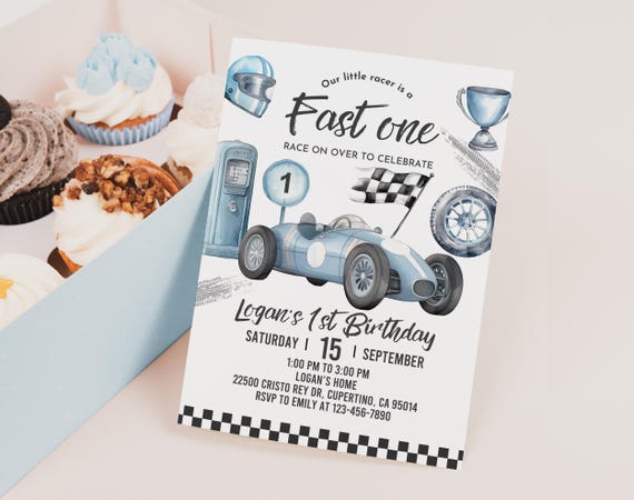 Race Car Invitation: Vintage 1st Birthday - Editable Printable Bir428