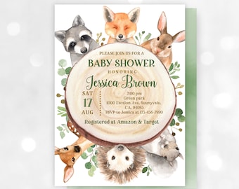 Könnte beinhalten: Babyparty-Einladung mit Aquarellillustrationen von Waldtieren, darunter ein Waschbär, ein Fuchs, ein Kaninchen, ein Reh, ein Igel und ein Eichhörnchen. Der Text "PLEASE JOIN US FOR A BABY SHOWER HONORING Jessica Brown" ist enthalten.
