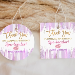 Spa Geburtstagsparty Favor Tag Makeup Danke Runde Etikett Mädchen Glam Lila Gold Geschenk Aufkleber Teenager Bearbeitbar Druckbar Download Bir361
