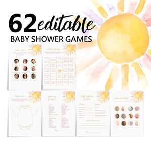 Sunshine Baby Shower-spelpaket, redigerbara kort (utskrivbar fest Bab428)