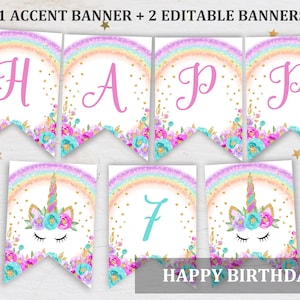 Rainbow Unicorn Birthday Banner Printable  EDITABLE  Download  Unicorn party banner  Rain1, Bab1