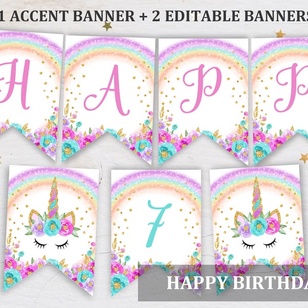 Rainbow Unicorn Birthday Banner Printable  EDITABLE  Download  Unicorn party banner  Rain1, Bab1