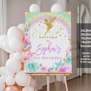 Fee-Geburtstags-Party-Willkommens-Schild-Fee Prinzessin-Willkommensplakat wunderliche verzauberte magische Blumendekor bearbeitbare druckbare Download Bir274