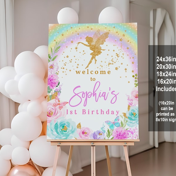 Fairy Birthday Party Welcome Sign Fairy Princess welcome poster Whimsical Enchanted Magical Floral Decor Editable Printable Download Bir274