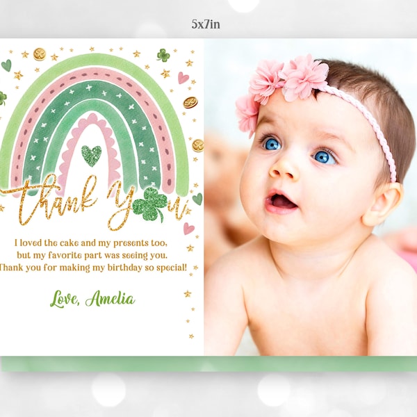 St. Patrick's Day Birthday Thank You Card St Patricks Day Thank You Note Photo Rainbow Shamrock Clover Girl Instant Editable Printable SpI1