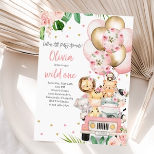 Jungle Birthday Invitation Girl Safari Party Invite Jungle Animals Safari Truck Pink Gold Balloon Girl 1st Birthday Editable Download Bir359
