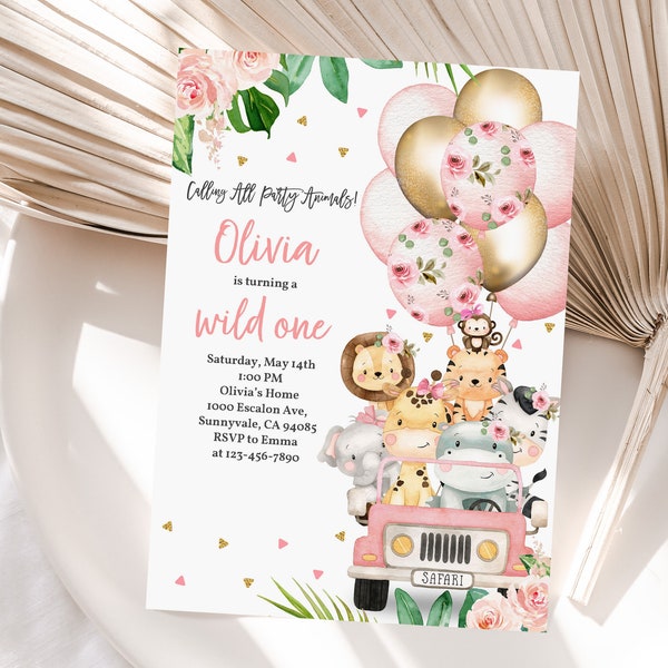 Jungle Birthday Invitation Girl Safari Party Invite Jungle Animals Safari Truck Pink Gold Balloon Girl 1st Birthday Editable Download Bir359