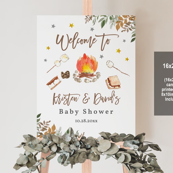 Editable S'more baby shower welcome sign S'mores Party Camping Campfire Bonfire Fall Boho Digital Greenery Neutral Printable Download Bab171