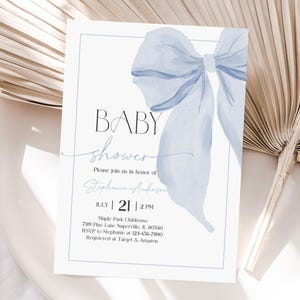 Blue Bow Baby Shower Invitation Template: Editable Printable (5x7in)