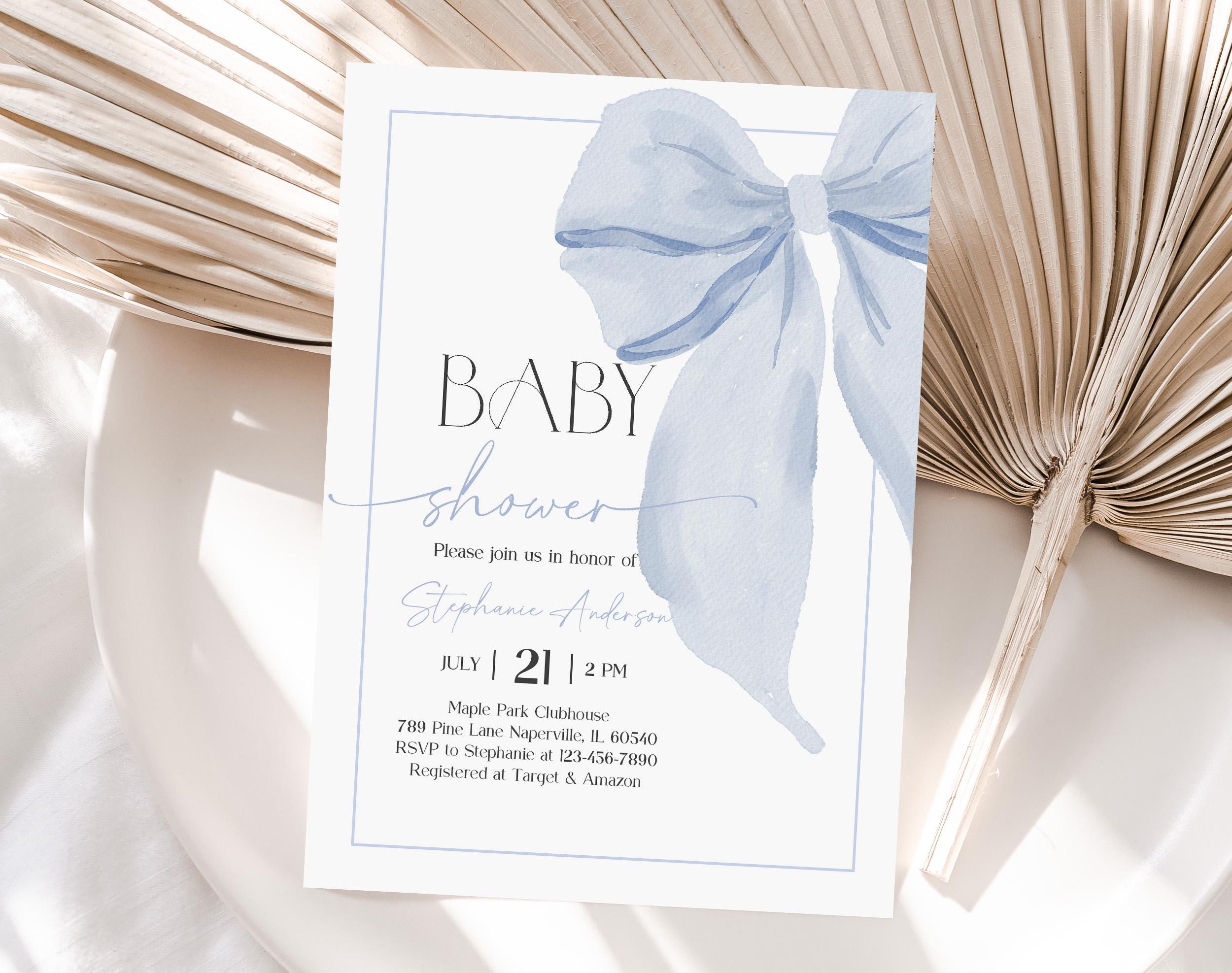 Blue Bow Baby Shower Invitation Template Printable Baby Boy Blue Coquette Baby Shower Invite Editable Soft Blue Ribbon Baby Sprinkle Bab340