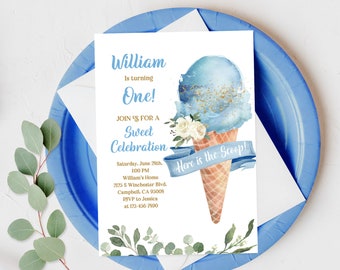Ice cream Birthday Invitation Ice Cream Party Invite Ice Cream Social Here's the Scoop Boy Blue Sprinkle Printable Editable Download Bir224