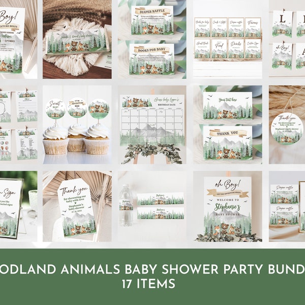 Editable Woodland Animals Baby Shower Bundle Let the Adventure Begin Pine Tree Baby shower Package Greenery Forest Animals Printable Bab194
