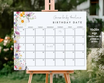 Può includere: Un cartello stampabile di 40,6 x 50,8 cm con un design floreale e un calendario per indovinare la data di nascita di un bambino. Il testo sul cartello recita "Indovina la data di nascita di baby Amelia".