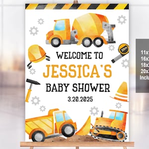 Letrero de bienvenida para baby shower de construcción, cartel de bienvenida para fiesta de camión volquete, letrero para baby shower de niño, excavadora, editable, imprimible, descarga Bab84