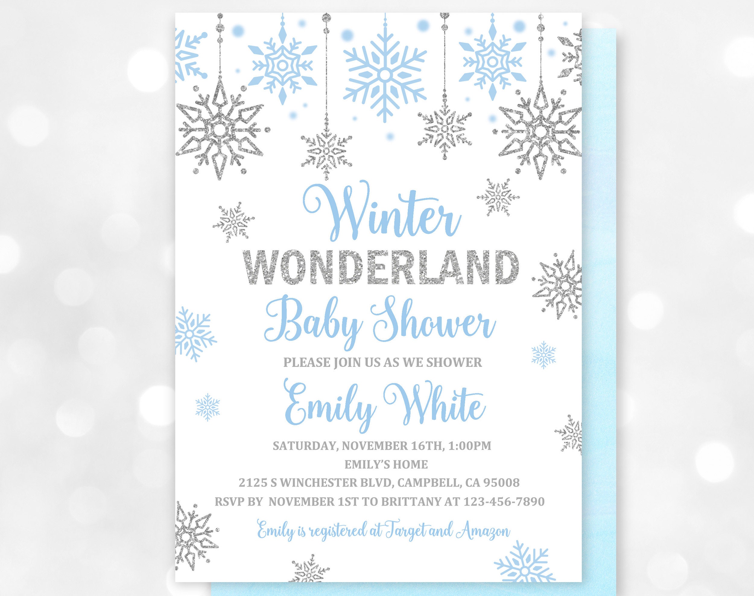 Winter Blue Silver Snowflake Baby Shower Invitations – Artistically Invited
