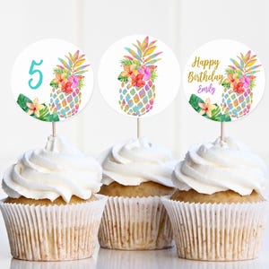 May include: Three cupcake toppers with a pineapple design. The toppers are white with a colorful pineapple illustration and the text "Happy Birthday Emily" and "5".