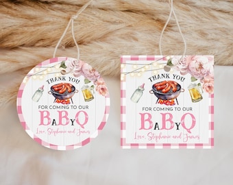 Etiquetas de regalo para Baby Q: Fiesta de barbacoa con flores rosas - Digital editable Bab286
