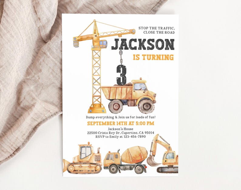 May include: A watercolor-style birthday invitation featuring construction vehicles. The design includes a crane, dump truck, and other equipment. The text reads "JACKSON IS TURNING 3" and includes party details. The invitation is on a white background.