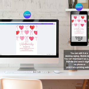Puede incluir: Un ordenador de sobremesa y un smartphone muestran una invitaci&oacute;n a una fiesta de San Valent&iacute;n con corazones y lazos de acuarela. El texto de la invitaci&oacute;n dice "Valentine's Day PARTY". La imagen tambi&eacute;n incluye el logotipo de Canva e instrucciones.