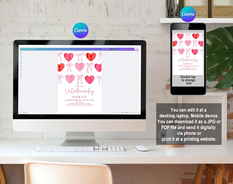 Puede incluir: Un ordenador de sobremesa y un smartphone muestran una invitaci&oacute;n a una fiesta de San Valent&iacute;n con corazones y lazos de acuarela. El texto de la invitaci&oacute;n dice "Valentine's Day PARTY". La imagen tambi&eacute;n incluye el logotipo de Canva e instrucciones.