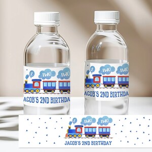 Étiquette de bouteille d'eau d'anniversaire de train, partie de train, emballage d'eau, étiquette de cadeau de train bleu, décoration d'anniversaire pour garçon, téléchargement imprimable et modifiable Bir60