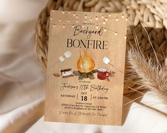 Bonfire Birthday Invitation: Fall BBQ and S'mores Party (Editable Template Bir516)