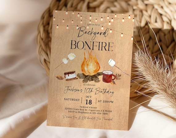Bonfire Birthday Invitation: Fall BBQ and S'mores Party (Editable Template Bir516)