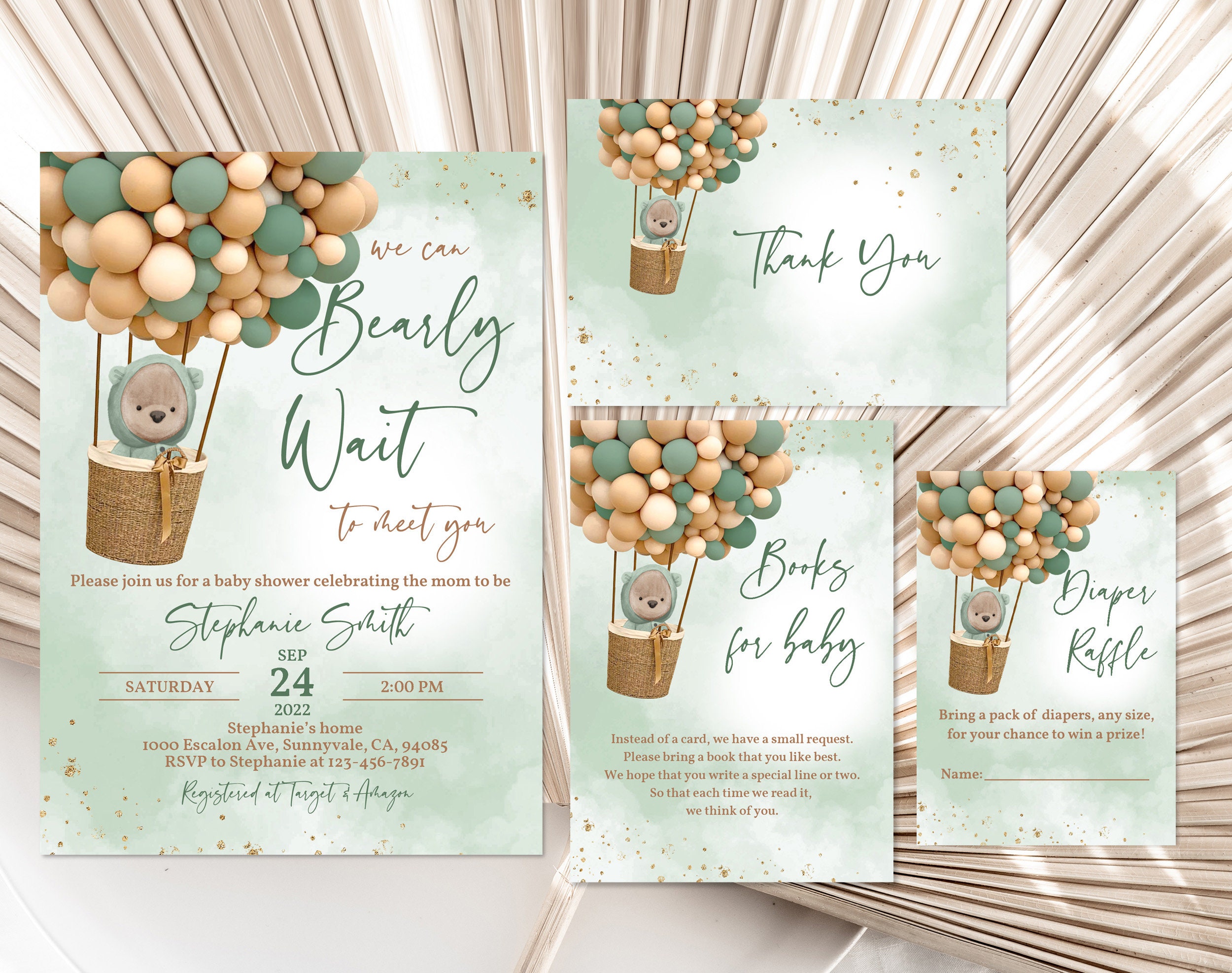 Teddy Bear Baby Shower Invitation Set Bear Invite Pack Green Etsy