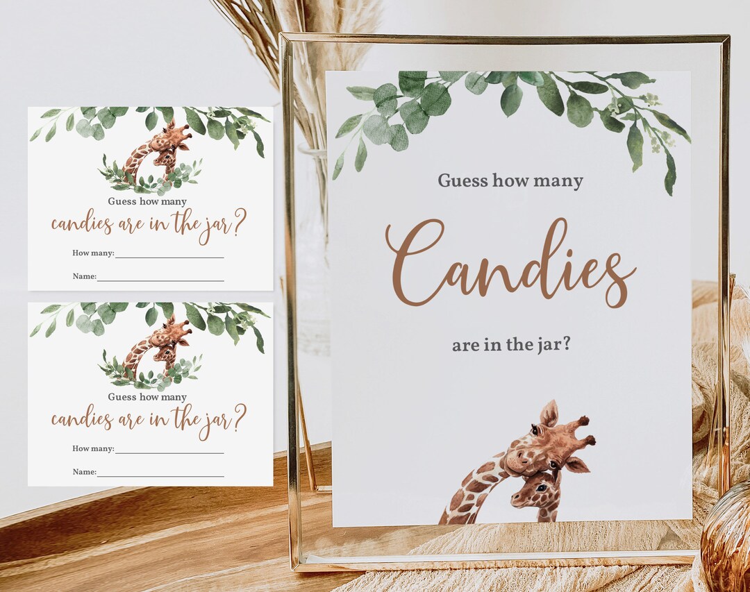Guess How Many Candies Sign and Card Giraffe Baby Shower Safari Animals ...