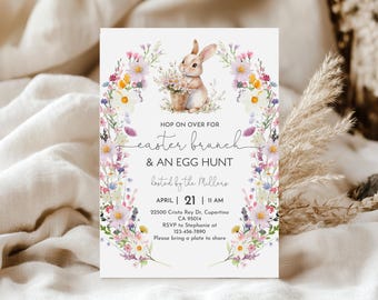 Invito alla caccia alle uova di Pasqua: brunch primaverile floreale - digitale modificabile