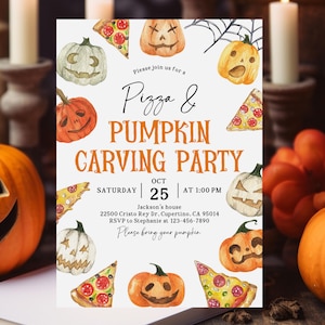 Pizza And Pumpkins Carving Party Invitation, Halloween Kids Party Invite, Editable Pumpkin Carving Party Template Printable Evite, HaI37