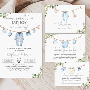 Boy Baby Shower Invitation Set Baby Clothes Invite Pack Baby boy is on his way Laundry Blue Greenery Editable Printable Download Bab214