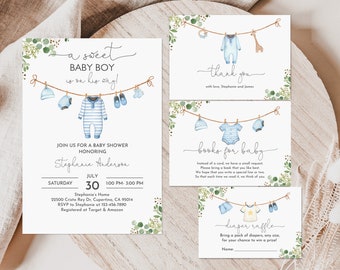 Boy Baby Shower Invitation Set Baby Clothes Invite Pack Baby boy is on his way Laundry Blue Greenery Editable Printable Download Bab214