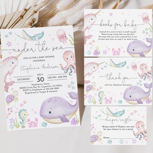 Under the Sea Baby Shower Invitation Set Girl Editable Sea Animals Baby Shower Pink Under the Sea Invite Printable Whale Turtle Ocean Bab324