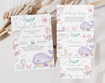 May include: Under the Sea baby shower invitation set with a watercolor design featuring narwhals, whales, seahorses, and an octopus. The invitation includes a thank you card and a diaper raffle card.